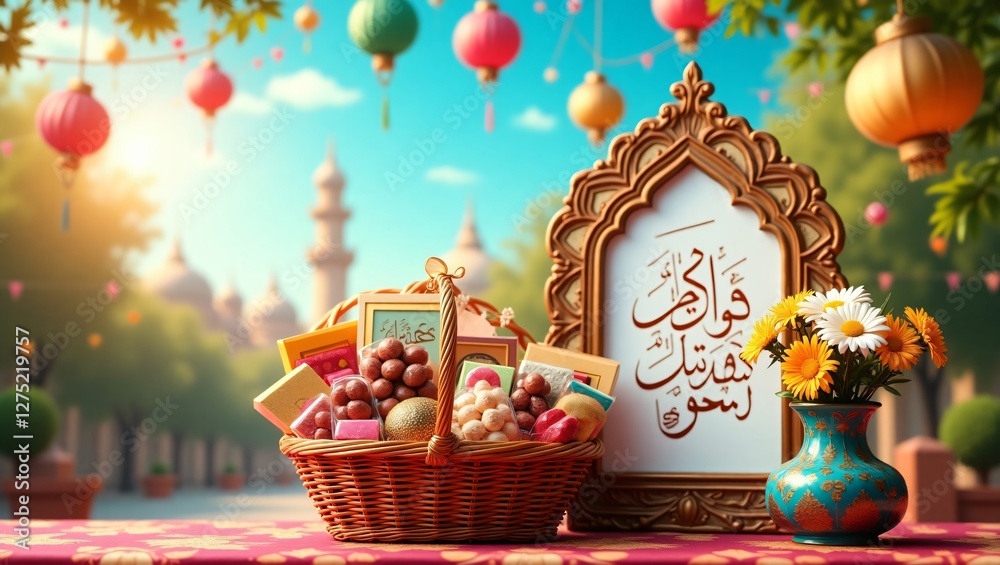 Fototapeta premium A festive Eid scene with lanterns, balloons, a gift basket of sweets, and a vase of fresh flowers, featuring the Arabic calligraphy 