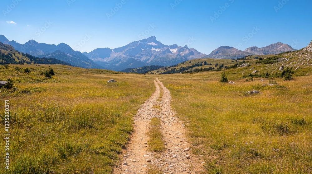 Sunny Alpine Meadow Path Leading to Mountain Range Sunny Alpine Meadow Path Leading to Mountain Range