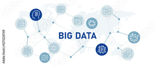 Big data large data set database aggregation large scale massive data icon set with illustration cloud database computing document analysis modern smart technology storage programming