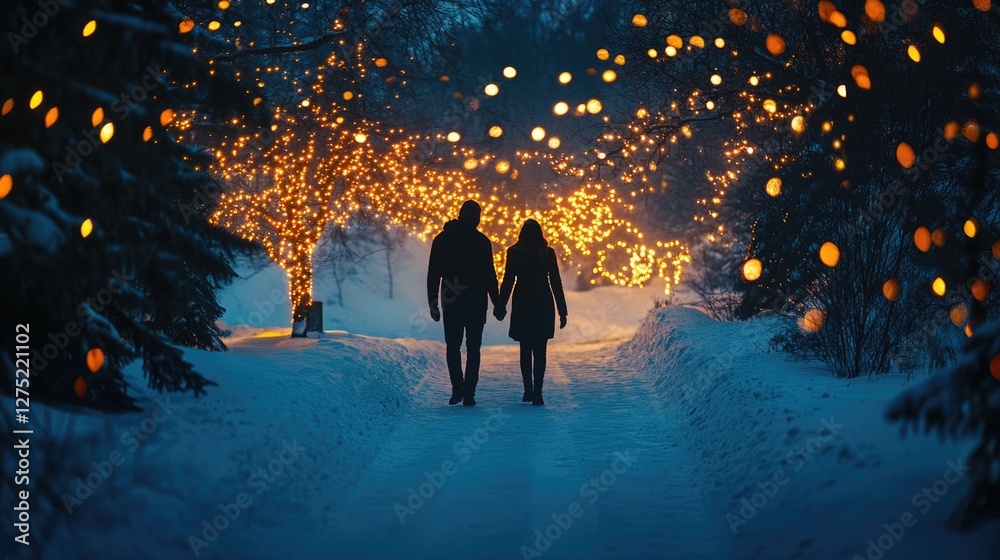 Obraz premium COUPLE WALKING DOWN SNOWY PATH