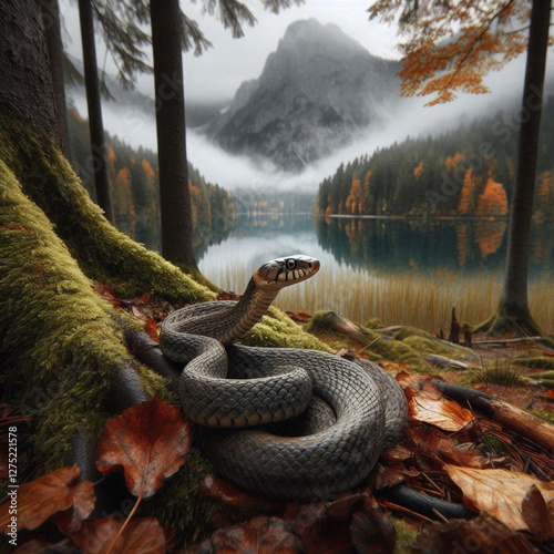 A snake resting in a forest during autumn, near a lake, with a foggy mountain in the background