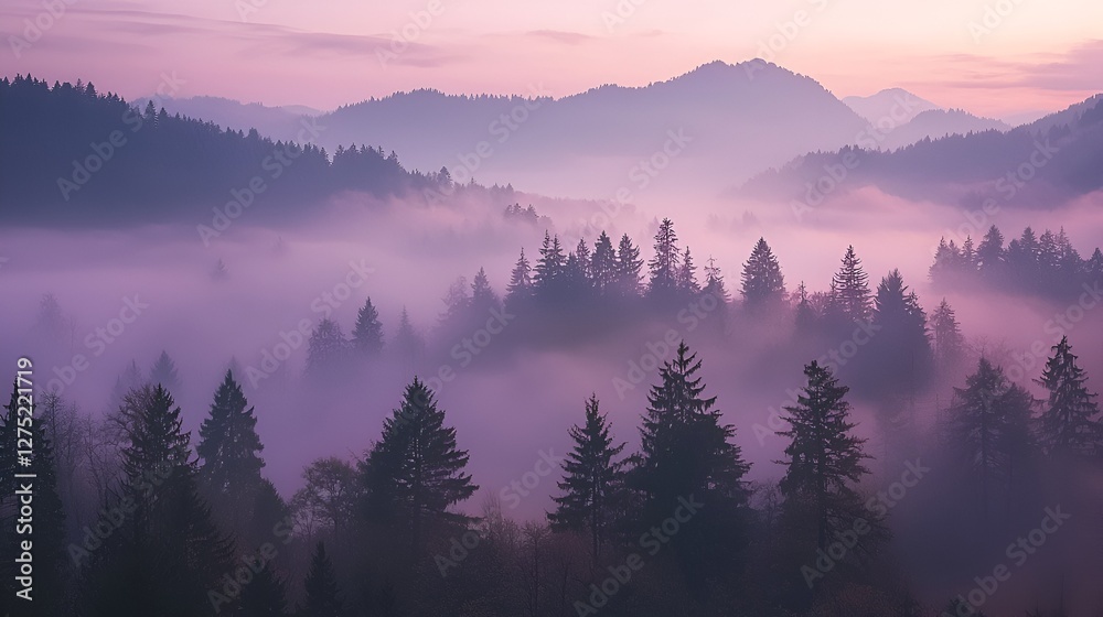 Obraz premium Misty mountain valley at dawn