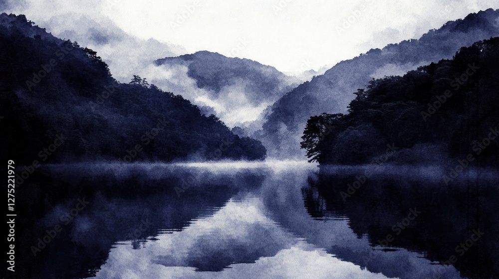 Obraz premium Misty Mountain Lake: A Serene Watercolor Landscape