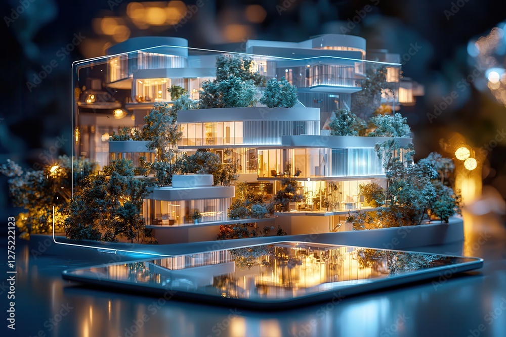 PropTech innovations are transforming real estate. 3D architectural model of a modern building with illuminated features. PropTech innovations are transforming real estate. 3D architectural model of a modern building with illuminated features.