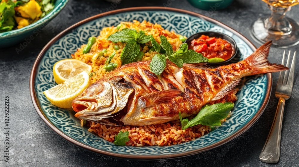 Grilled Red Snapper with Rice and Mint, a Culinary Delight Grilled Red Snapper with Rice and Mint, a Culinary Delight