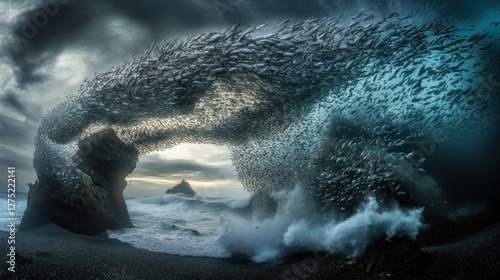Ocean's Embrace: A School of Fish Arches Over a Rocky Coastline