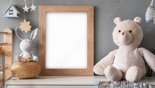 Nursery Mockup Poster Frame Close Up Vibrant 3D Render Showcasing Whimsical Toys and Organic Elements in a Nurturing Environment, Radiating a Cozy and Calming Atmosphere.