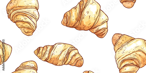 Watercolor seamless pattern of chocolate croissants, isolated on a white background, with artistic brushstrokes and detailed textures