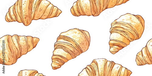 Watercolor seamless pattern of chocolate croissants, isolated on a white background, with artistic brushstrokes and detailed textures