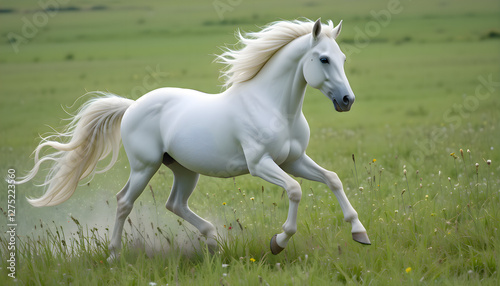 Beautiful white horse in motion across a field.
