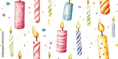 A seamless pattern of birthday candles in different sizes and colors, flickering against a white background for greetings, invitations, manufacture wrapping paper, textile and web design