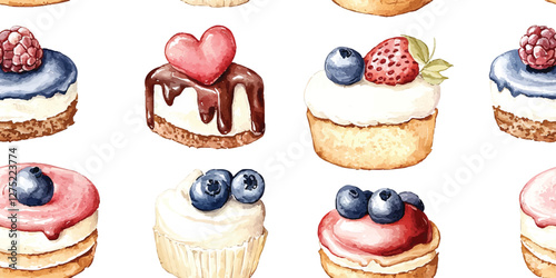 Seamless vector pattern featuring watercolor cakes and buns on white background perfect for fabric wallpaper or textile design