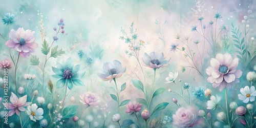 Serene Pastel Floral Meadow A Dreamlike Botanical Illustration Featuring Delicate Blooms and Soft Hues in a Whimsical Garden Setting
