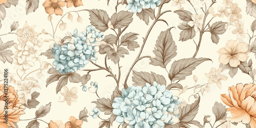 Vintage floral seamless pattern with delicate watercolor flowers and leaves on ivory blue color background, hand drawn illustration for textile or wallpapers, nostalgic pattern