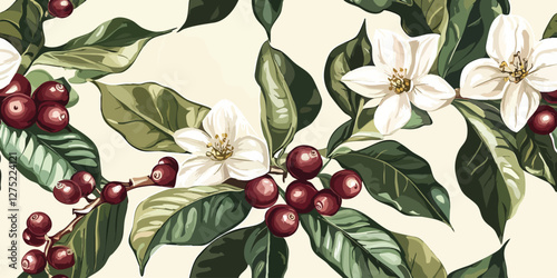 Coffee plant with green leaves and red ripe coffee fruits, with flowers. Watercolor pattern on a beige background. Suitable for shop, cafe, postcards, packaging design