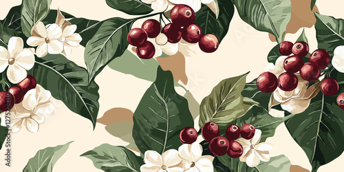 Coffee plant with green leaves and red ripe coffee fruits, with flowers. Watercolor pattern on a beige background. Suitable for shop, cafe, postcards, packaging design