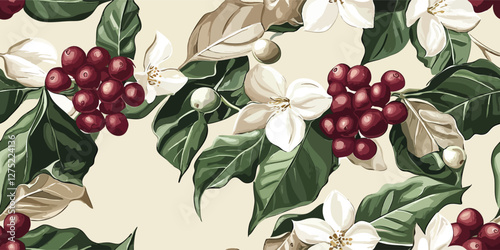 Coffee plant with green leaves and red ripe coffee fruits, with flowers. Watercolor pattern on a beige background. Suitable for shop, cafe, postcards, packaging design
