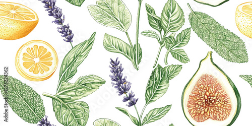 Seamless pattern of lemons, fresh mint leaves with peppermint, fig lavender herb on a white background vibrant botanical illustration in watercolor style
