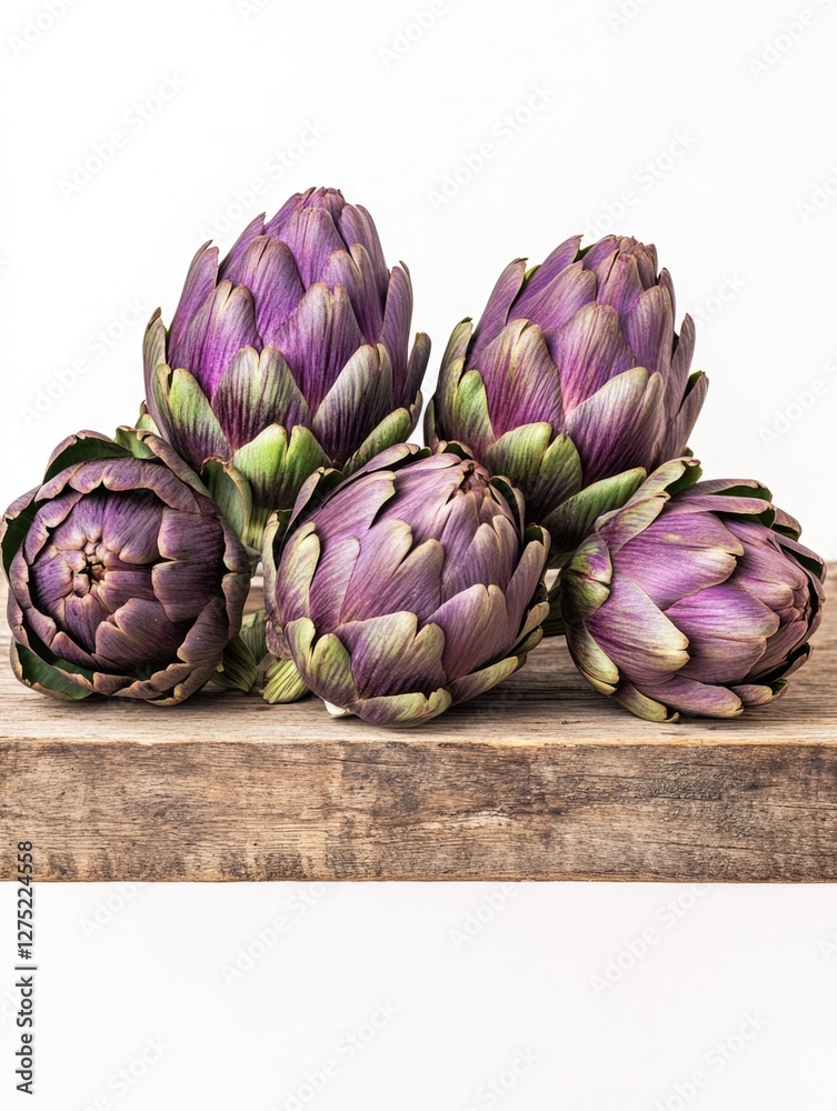 Fototapeta premium Purple Artichokes on Wooden Table