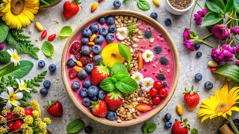 Vibrant Berry Smoothie Bowl Adorned with Fresh Berries, Granola, and Delicate Blossoms, a Delightful and Nutritious Breakfast Option Vibrant Berry Smoothie Bowl Adorned with Fresh Berries, Granola, and Delicate Blossoms, a Delightful and Nutritious Breakfast Option