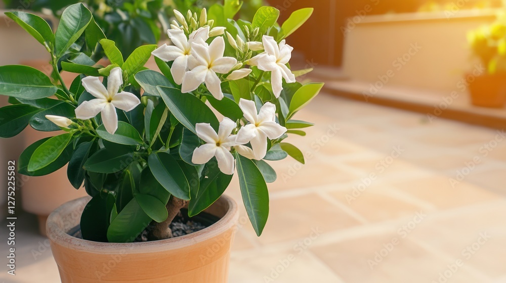 Fototapeta premium Serene White Gardenia in a Terracotta Pot