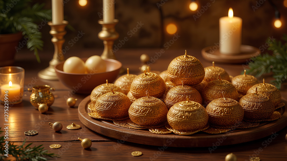 Naklejka premium Traditional Woven Ketupat on Elegant Wooden Table with Golden Ornaments and Candlelight - Ramadan Kareem
