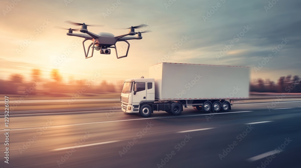 Drone Monitoring Delivery Truck on Highway at Sunset Drone Monitoring Delivery Truck on Highway at Sunset