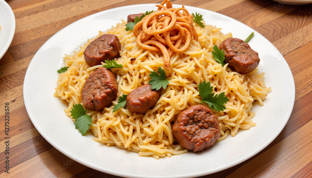 Delicious biryani platter with golden onions and herbs, Eid al-Fitr feast Delicious biryani platter with golden onions and herbs, Eid al-Fitr feast