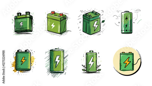 Icons sets collection of green battery icons with lightning bolt symbols, illustrating various charge states and types, sketched in a colorful, artistic style