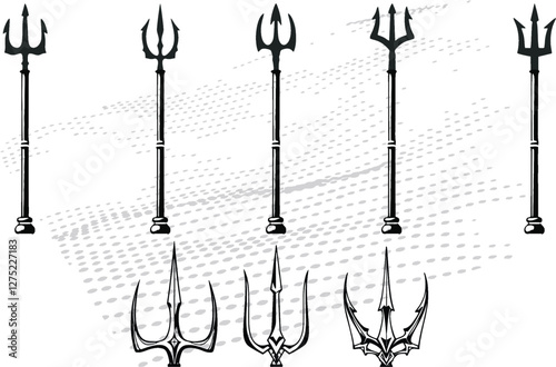 Silhouettes of trident. Design element for label, sign, emblem, poster. Neptune trident symbols in editable vector format. EPS 10.