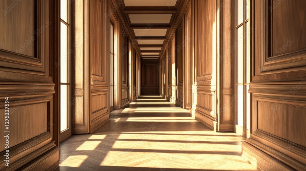 Elegant Wooden Hallway with Natural Light and Shadows in Interior Elegant Wooden Hallway with Natural Light and Shadows in Interior
