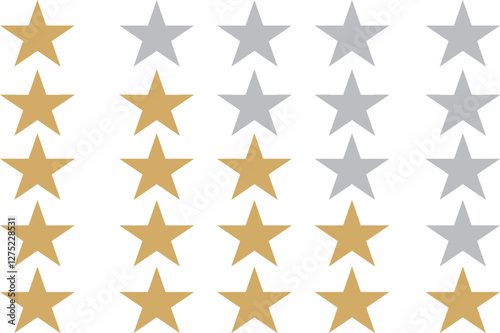 Five star rating, positive feedback stars. Customer review with five golden stars. Service satisfaction, quality, good rate, vector illustration. Editable vector, rating review, EPS 10.