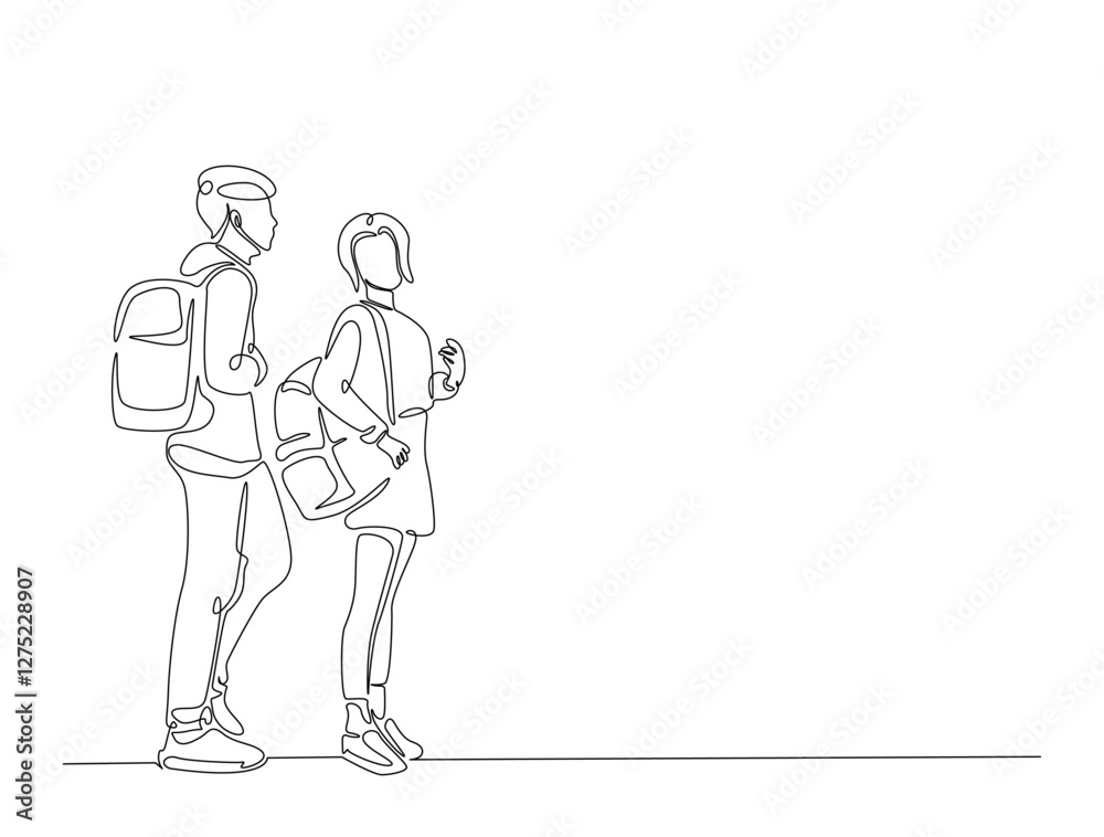 Continuous line art drawing of young man and woman from college or university with backpack. Students walking with schoolbag line art drawing vector illustration. Editable stroke. Continuous line art drawing of young man and woman from college or university with backpack. Students walking with schoolbag line art drawing vector illustration. Editable stroke.