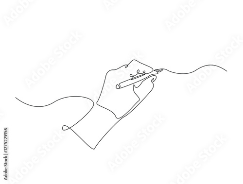Continuous line art drawing of hand writing with pen. Hand drawing with pencil line art drawing vector illustration. Editable stroke.