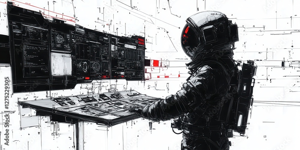 Obraz premium Astronaut monitoring space systems in high-tech control room