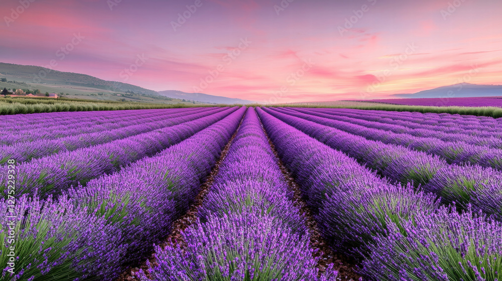 Obraz premium A stunning lavender field stretches under a colorful sky, showcasing vibrant purple rows that create a serene and picturesque landscape.