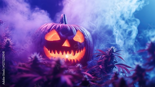 Glowing Halloween pumpkin in cannabis field, smoke, night photo