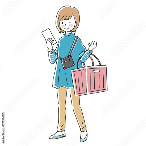 メモを見ながらレジかごで買い物をする女性