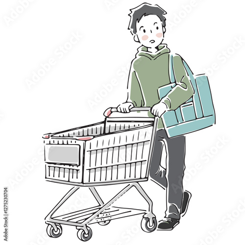 ショッピングカートで買い物をする男性