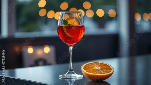 A glass of red wine with a vibrant slice of orange adorning the rim, ideal for a soothing nightcap or enhancing cocktails, relax, orange, wine
