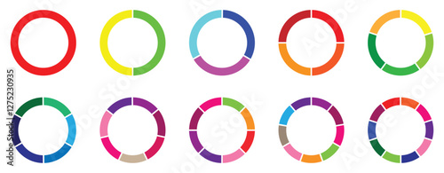 Pie chart infographic set. Circle diagram collection with sections or parts. Segmented circle icons for infographic, data analysis, web design, Ui or Vector illustration.