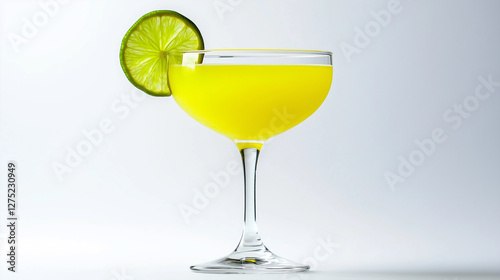 Exotic yellow Daiquiri cocktail with fresh lime garnish in a coupe glass on a soft gradient background