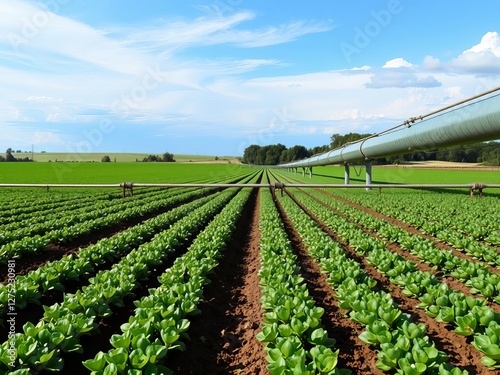 Agricultural field with crops growing alongside irrigation pipeline under clear blue skies, showcasing effective farming practices, agriculture, landscape, pipeline