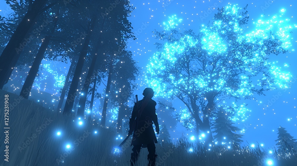 Fantasy character in magical forest at night Fantasy character in magical forest at night
