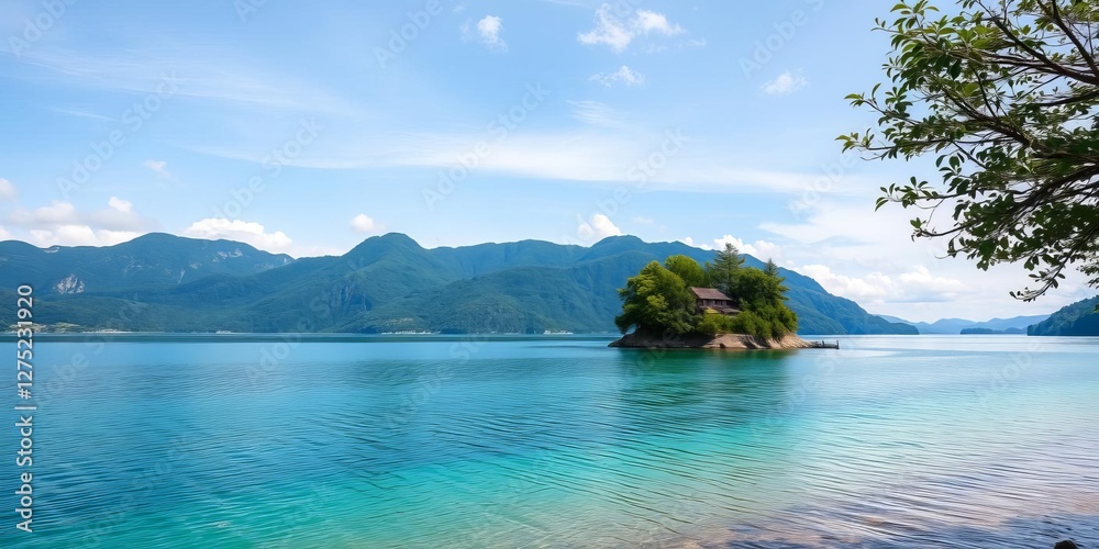 Obraz premium A serene island surrounded by calm waters in the middle of a picturesque lake, perfect for a creative banner, beauty, destination, banner