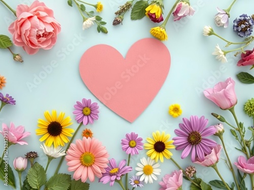 A vibrant and colorful flat lay featuring a heart made of natural elements, surrounded by flowers and the text "Happy Mother's Day", colorful, heart, nature