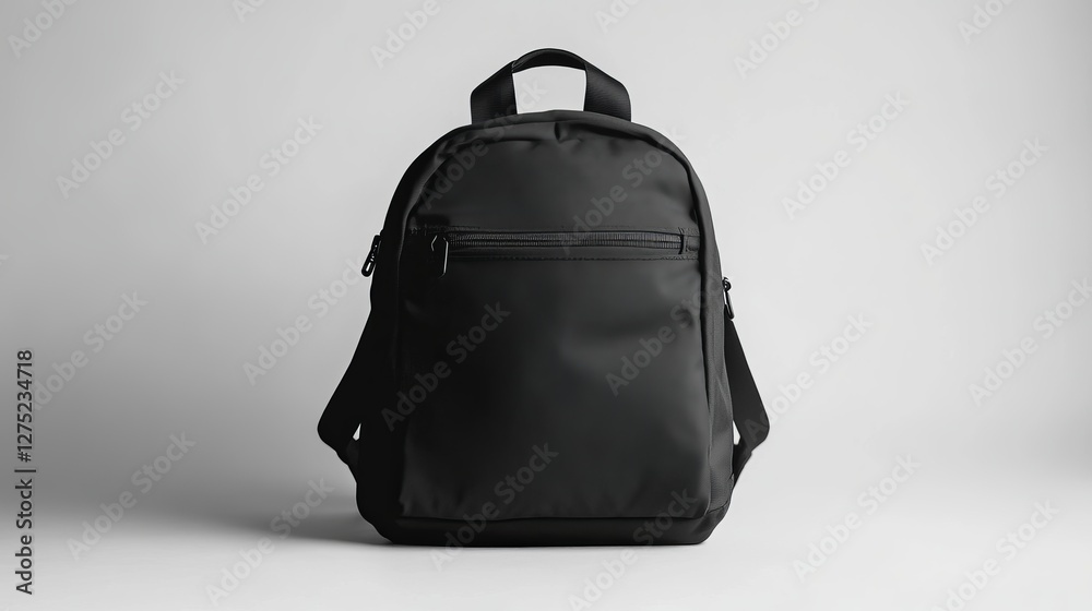 Fototapeta premium Versatile Black Backpack Featuring Front Zipper Compartment Ideal for Daily Use Travel Outdoor Adventures School Activities Stylish Practical Design for Everyday Convenience and Organization