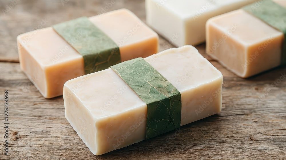 Natural soap bars with a green stripe sit on a rustic wooden surface, showcasing earthy tones and simple elegance. Natural soap bars with a green stripe sit on a rustic wooden surface, showcasing earthy tones and simple elegance.