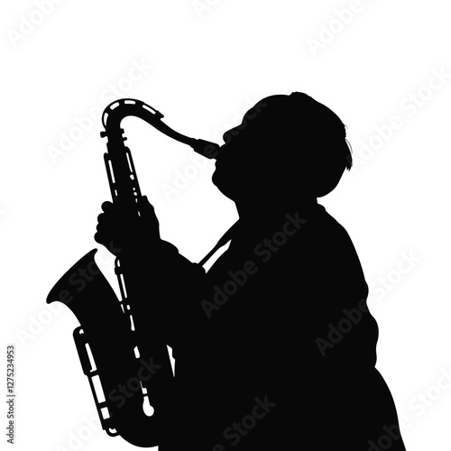 Elderly Asian man playing saxophone in silhouette, musical expression