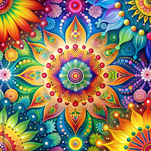 Vibrant Floral Mandala. Psychedelic Flower Pattern Art